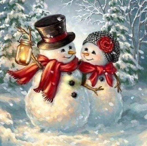 Diamond Painting - Sneeuwmannen paar Diamond Painting Landschappen, landschappen, winter