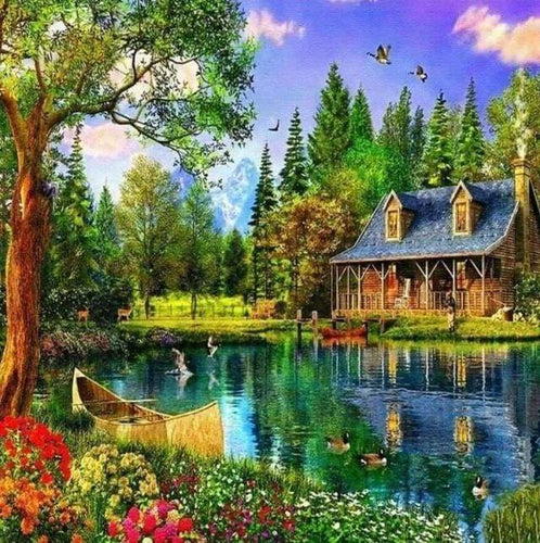 Diamond Painting - Het huis aan het meer Diamond Painting Landschappen, landschappen
