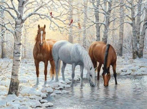 Diamond Painting - Drie paarden in het besneeuwde bos dieren, Diamond Painting Dieren, paarden