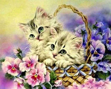 Afbeelding in Gallery-weergave laden, Diamond Painting - Twee katten en bloemen dieren, katten, Diamond Painting Dieren, bloemen