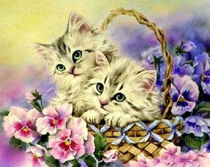 Diamond Painting - Twee katten en bloemen dieren, katten, Diamond Painting Dieren, bloemen