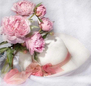 Diamond Painting - Witte hoed en bloemen Diamond Painting Bloemen, bloemen