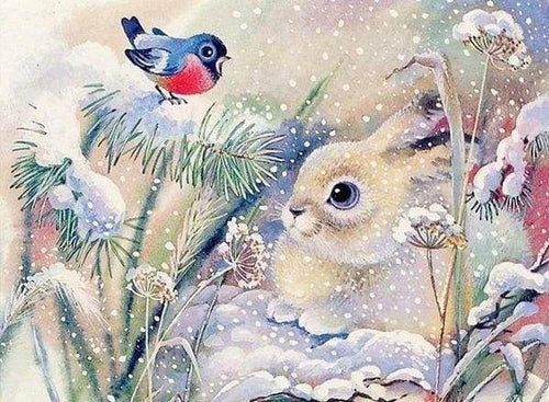 Diamond Painting - Wit konijn in de sneeuw dieren, Diamond Painting Dieren, konijnen, winter