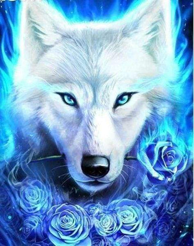 Diamond Painting - Wolf en blauwe rozen dieren, Diamond Painting Dieren