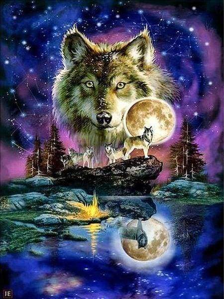 Diamond Painting - Wolven en de maanhemel dieren, Diamond Painting Dieren, konijnen, wolven