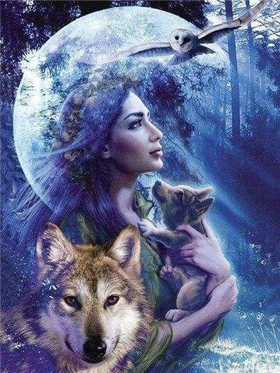 Diamond Painting - Vrouwen en Wolf dieren, Diamond Painting Dieren, konijnen, wolven
