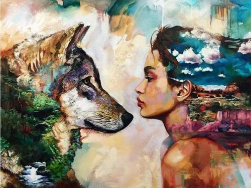 Diamond Painting - Jonge vrouw en wolf dieren, Diamond Painting Dieren, Diamond Painting Romantiek, konijnen, romantiek, wolven