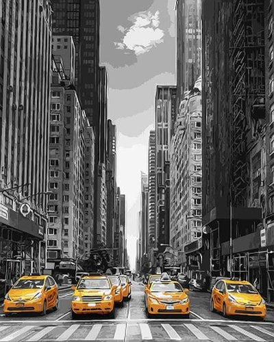 Schilderen op Nummer - Moderne stad en gele taxi's