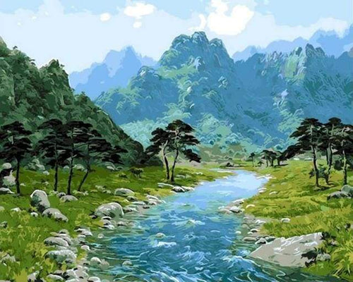 Schilderen op Nummer - Uitzicht op de bergen en de rivier