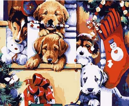 Schilderen op Nummer - Puppy's tijdens de kerst