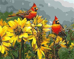 Schilderen op Nummer - Rode vogels en zonnebloemen