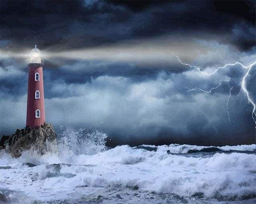 Schilderen op Nummer - Zeevuurtoren en golven