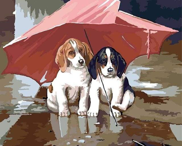 Schilderen op Nummer - Twee puppy's onder een rode paraplu