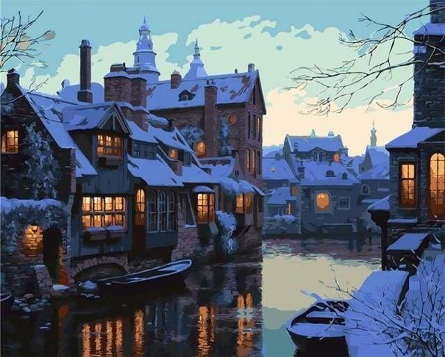 Schilderen op Nummer - Nachtstad onder de sneeuw