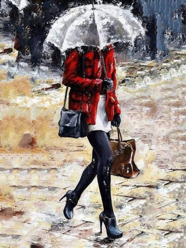 Schilderen op Nummer - Vrouw wandelen in de regen