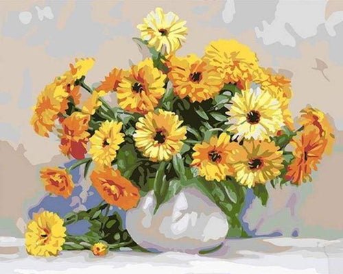 Schilderen op Nummer - Gele bloemen in een witte vaas