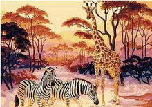 Afbeelding in Gallery-weergave laden, Schilderen op Nummer - Zebra en giraffe bij zonsondergang